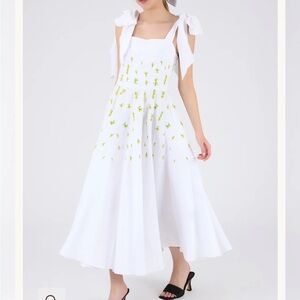 NWT - Fanm Mon white linen bow shoulders embroidered dress - midi - medium
